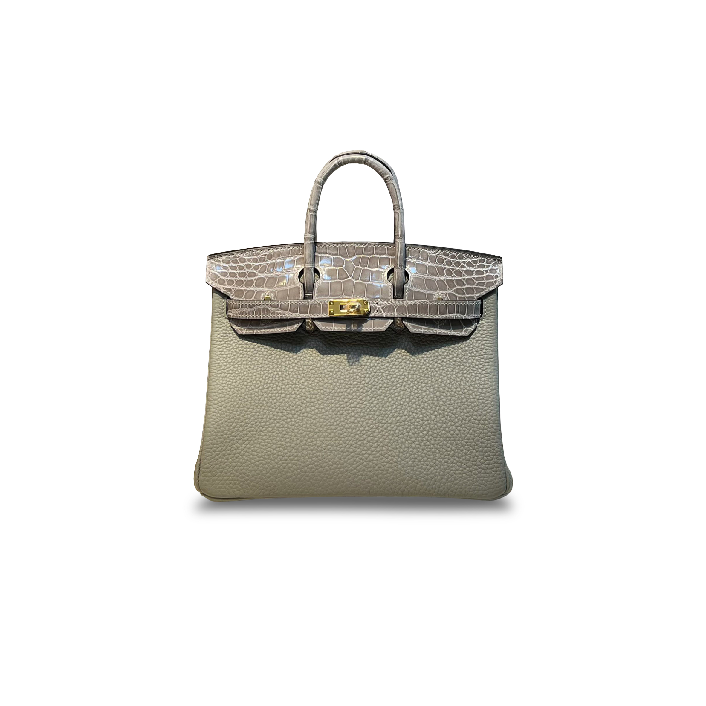 H**mes master birkin 25 crocodile and togo leather glacier grey gold buckle h076216ck36 (25*20*13cm)
